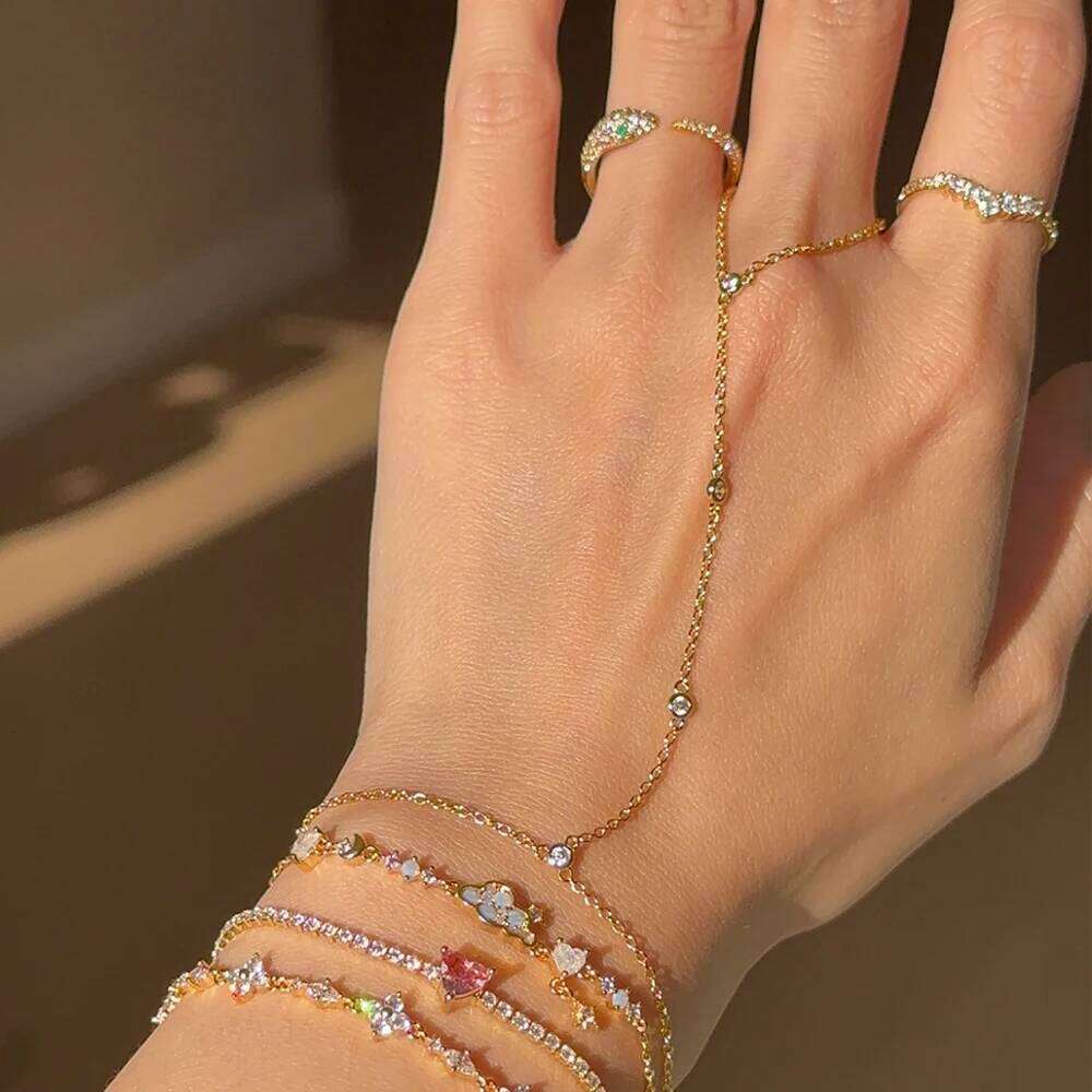 18K Gold Plated Stainless Steel Hand Chain Zircon Link Slave Finger Ring Bracelet Fashion Jewelry for Women 26H0206