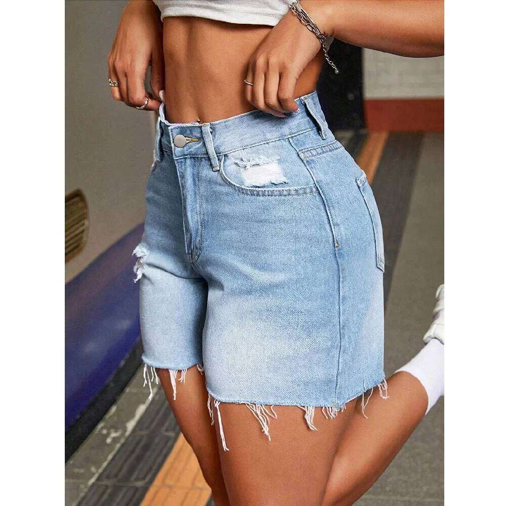 Women Summer Street Denim Shorts High Waist Ripped Hole Stretch Jean Short Pants XJ260206