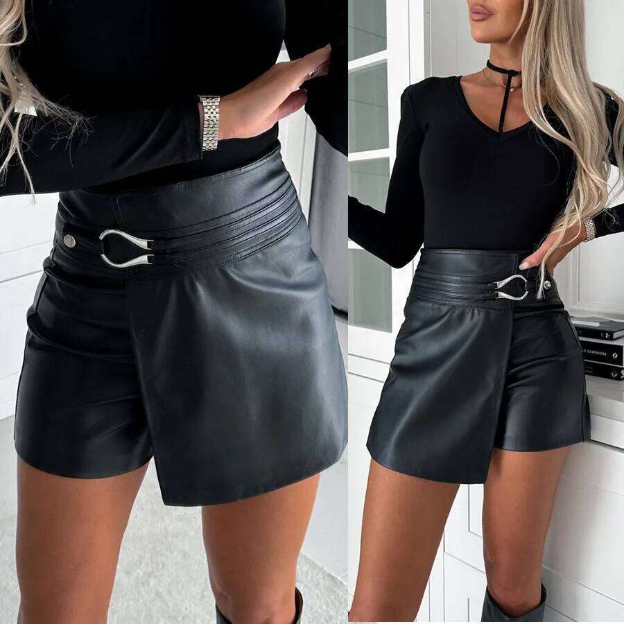 Women's S-XL Size Fashion Casual Solid Versatile Short Leather Pant Spliced Mid Waist Straight Leg Pants Pu Shorts XJ260206