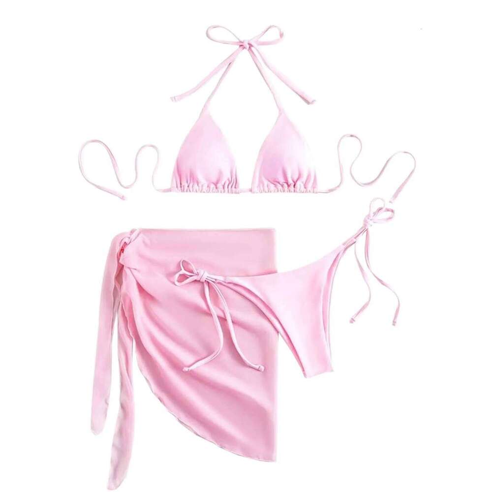 Women'S Solid Halter Backless Bikinis Set Sexy Triangle Cup Lace Bikini Top With Bottoms Cover Up 3 Piece Swimsuit Z260206