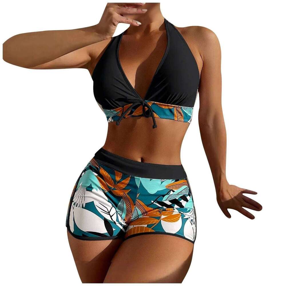 Women's Paneled Printed Ladies Fashion Sexy Split Boxer High Waist Swimsuit Two-Piece Set V-Neck Bathing Suits Female XJ260206