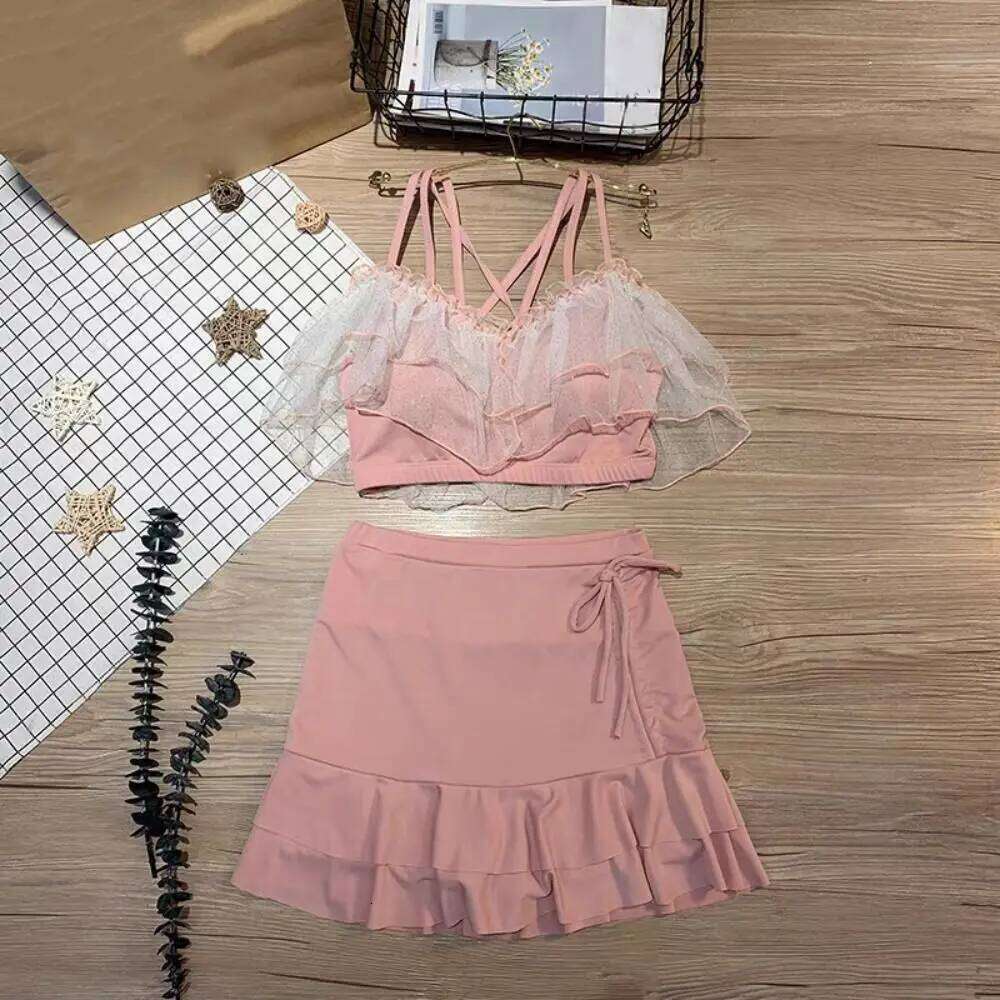 Slim Fit A-line Skirt Swimsuit Puff Ruffle Beachwear Lace Ruffled Bathing Suit Off Shoulder Two Pieces Set Swimwear Ladies Z260206