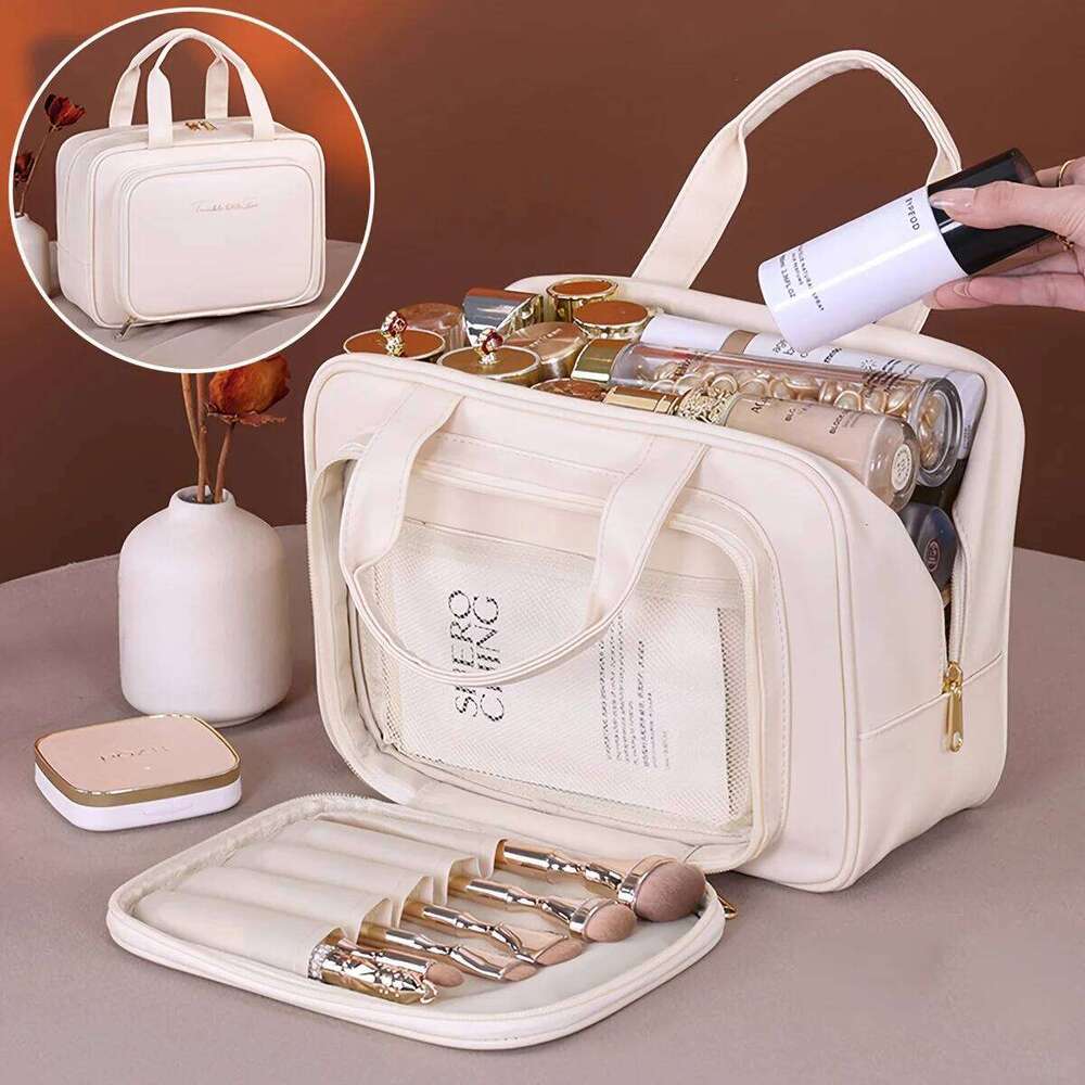 Double-Layer PU Beauty Storage With Zipper Close Makeup Brush Business Travel Toiletries Sorting Bag Y260206
