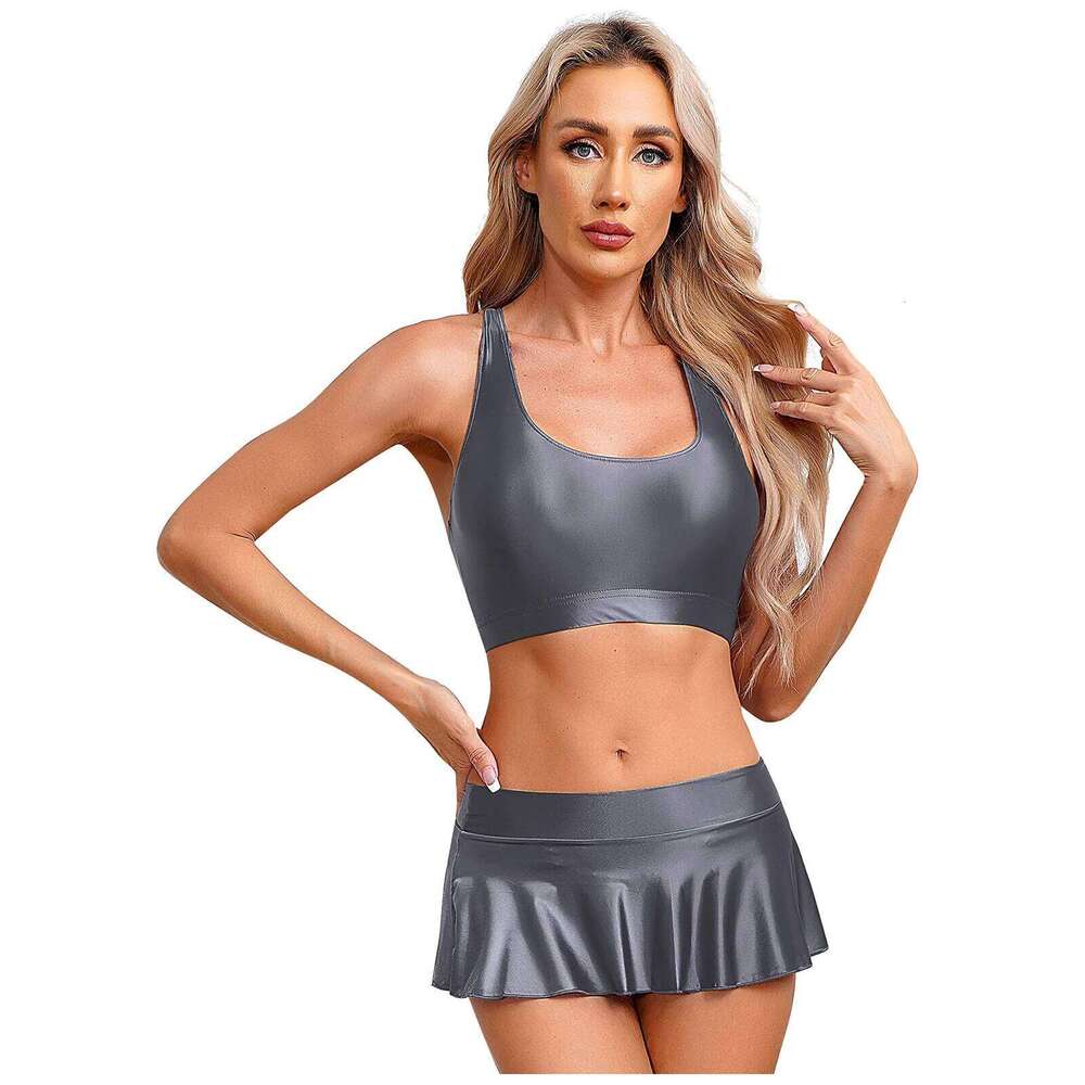 Womens Bikini Swimsuit Glossy U Neck Tank Tops Solid Color Swimwear Crop Top Vest Ruffled Skirt Miniskirt Gym Yoga Fitness XJ260206