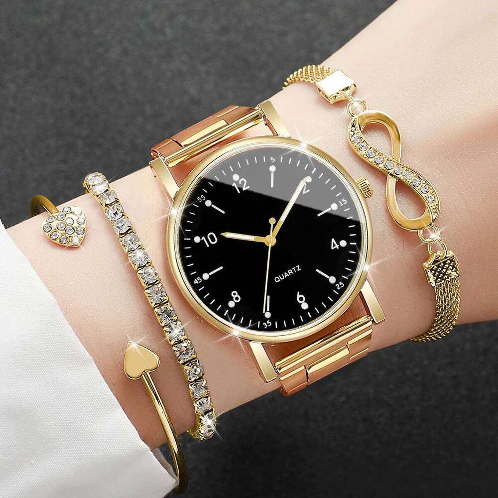 4PCS/Set Fashion Arabic Dial Women Quartz Watch Alloy Band Ladies Wristwatch Rhinestone Bracelets Set Reloj MujerWithout Box Z260206