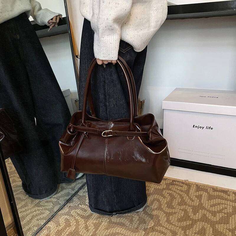 2025 New Lady's Handbag Vintage Brown Shoulder with Short Handle Women PU Leather Bag Large Capacity Luxury Brand Tote Bags Y260205