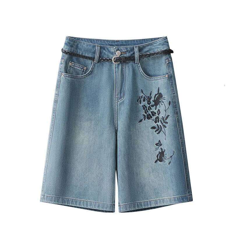 ZJYT Jeans Shorts for Women 2026 Spring Summer Fashion Floral Embroidery Casual Denim Pants Short Trousers Streetwear Blue Lady XJ260206