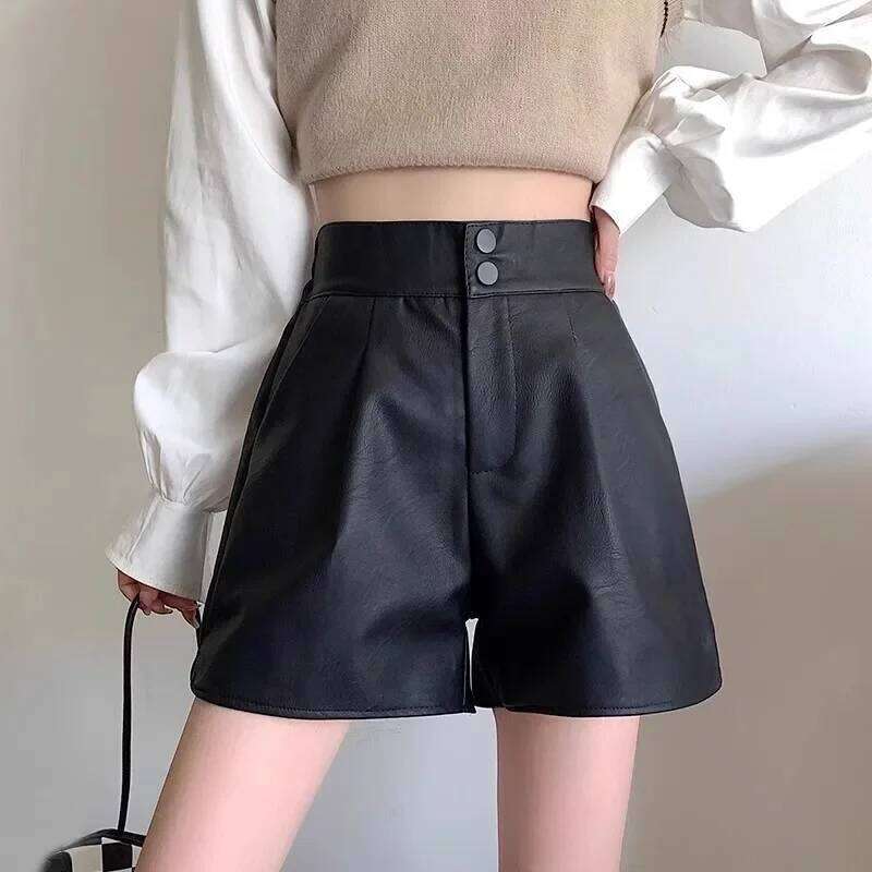 Black Leather Shorts Women's plus Size High Slimming Casual Wide Leg Boot Cut Pants Korean Style Low Waist XJ260206