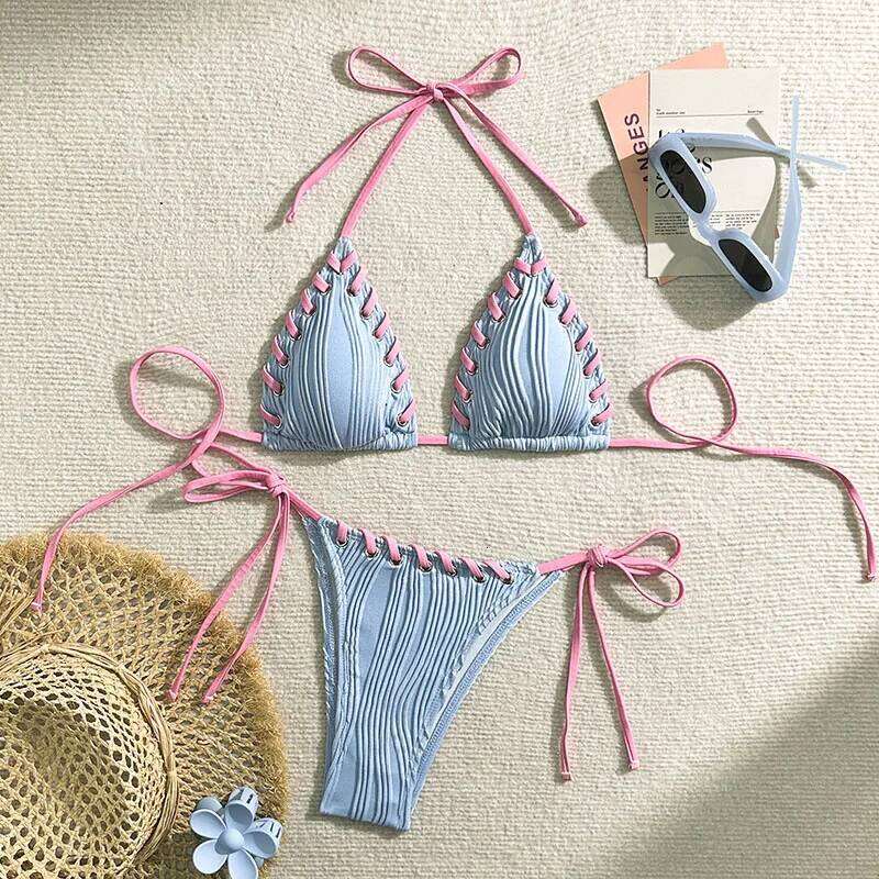 New Women's Sexy Bikinis Swimwear Summer Holiday Beach Swim Wear Bathing Suits Female Solid Color Bandage Pool Bather Bikini Set Z260206