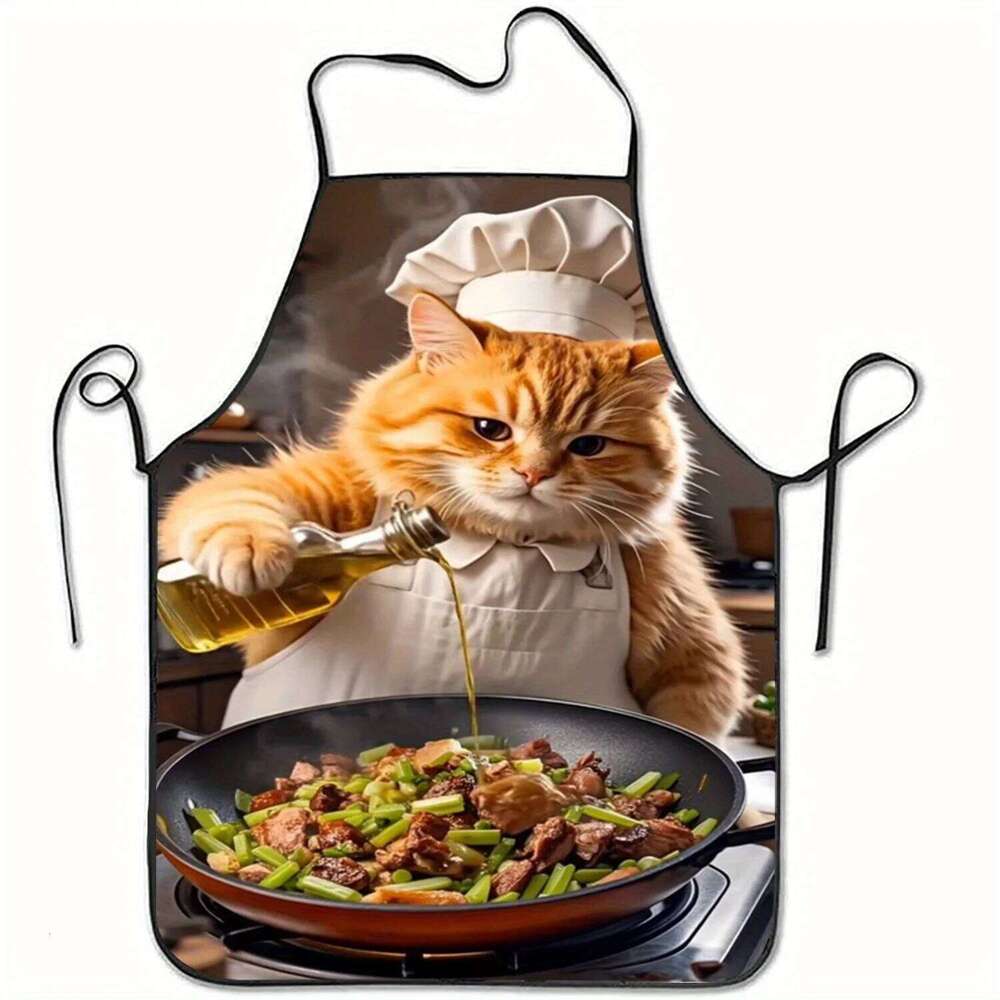 1pc Whimsical Cat Chef Apron - Playful Orange Tabby Cooking Design, Polyester, Short Sleeve, Lightweight, Ideal for Home Baking S260205