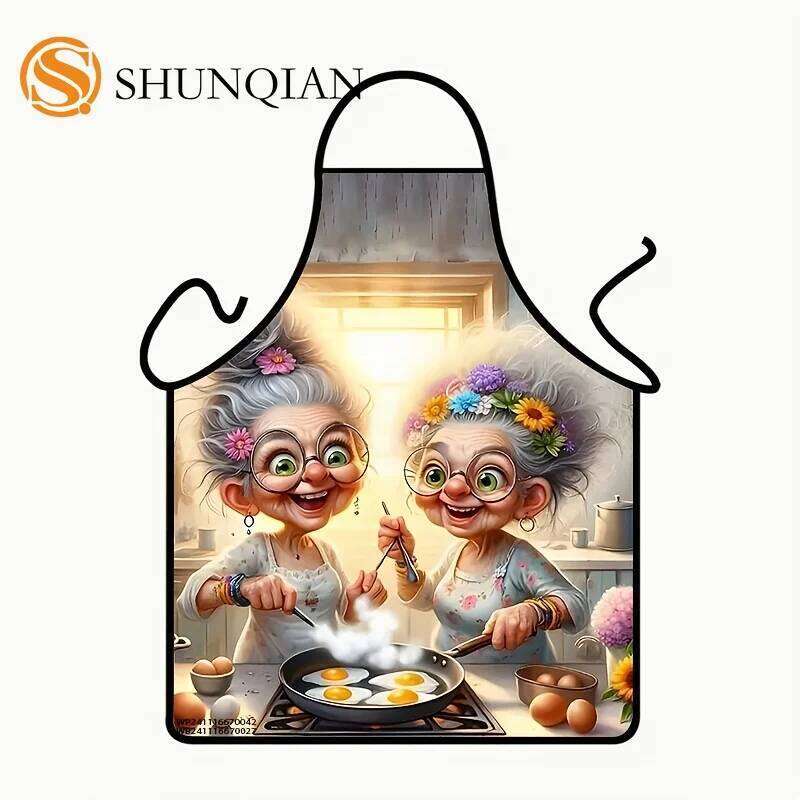1pc Whimsical Granny Pattern - Fun Polyester Sleeveless Cooking & Cleaning Bib Apron with Charming Kitchen Scene S260205
