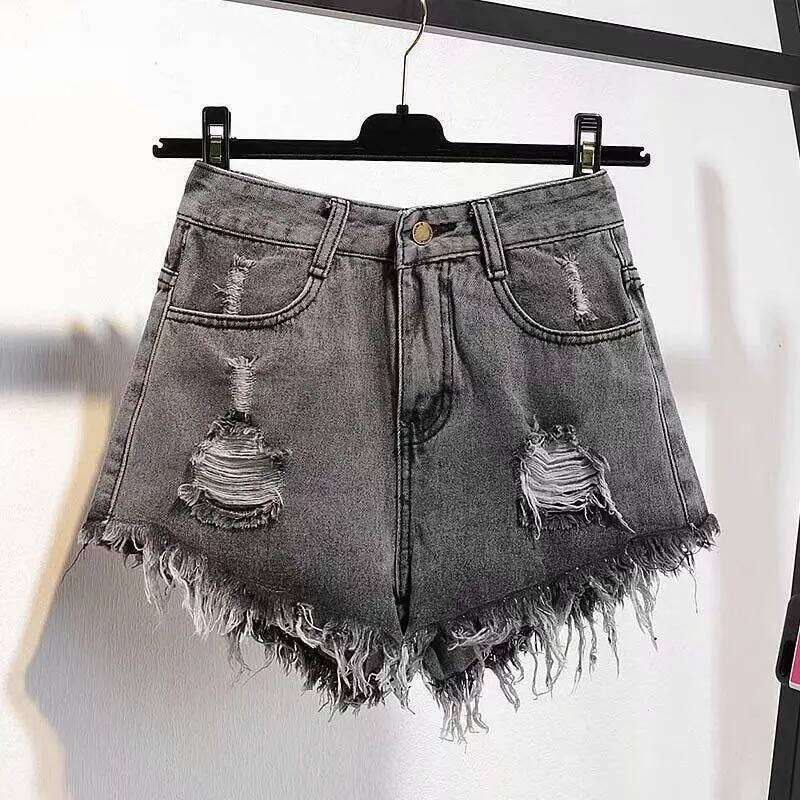 Large Size Denim With Ruffled Shorts Women's Summer High Waisted Loose Hole Wide Leg Student A-line Hot Pants Basic Short Jeans C260206