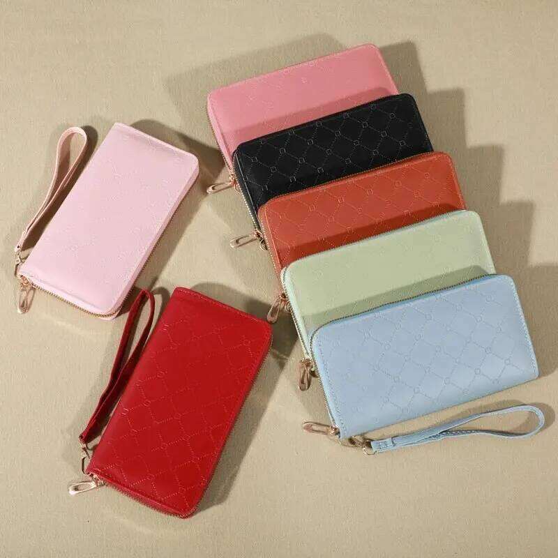 Trendy Solid Color Long Wallet, Zippers Clutch Coin Purse, Women's Faux Leather Card Holder With Wristband Y260206