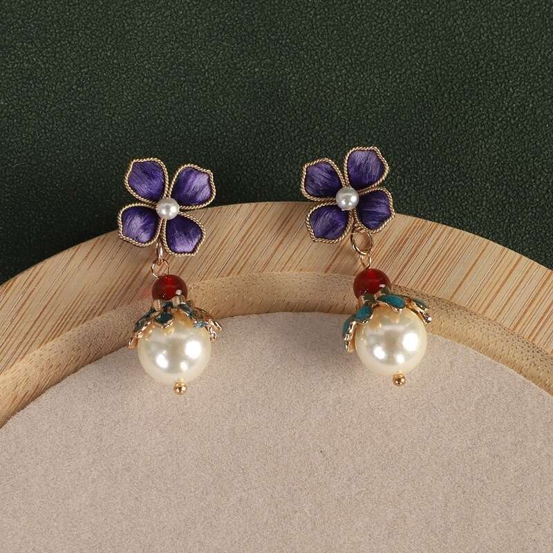 Silk Velvet Flower White Pearl Daily Versatile Cheongsam Dress Earrings Jewelry