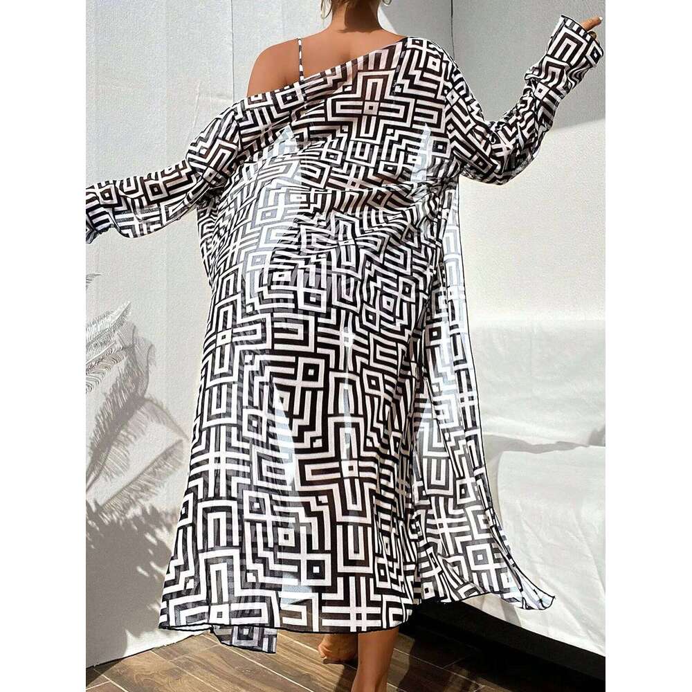 Women's Summer Geometric Print Three-Piece Swimsuit Set Long Sleeve Beach Cover-Up, Polyester Knit Fabric with Elasta Z260206
