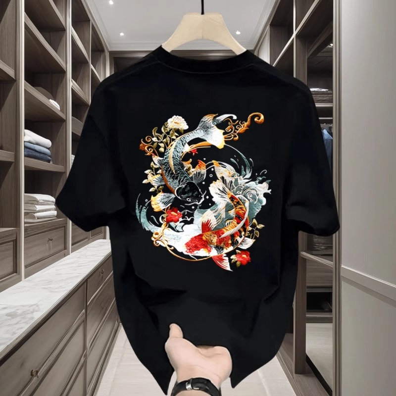 Summer 2026 New Koi Fish Print Design Short Sleeve Fashion Vintage Chinese Style Relaxed Fit Casual Round Neck T-Shirt Free Shipping