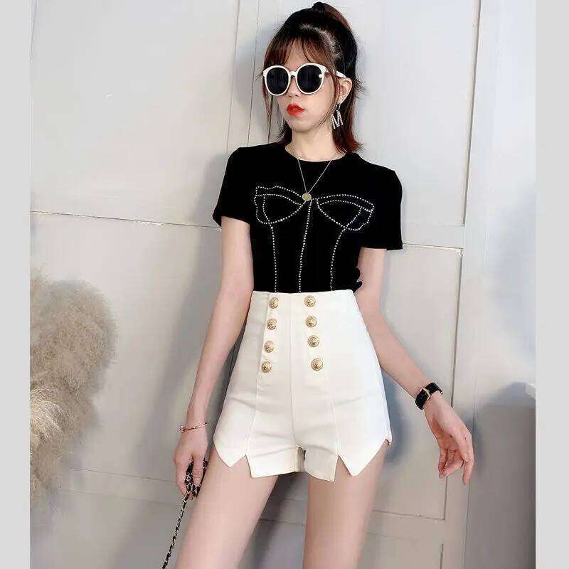 Summer New Korean Double Breasted Black A-line Shorts Women High Waisted Pockets Sexy Trendy Straight Thin Short Pants 2024 XJ260206