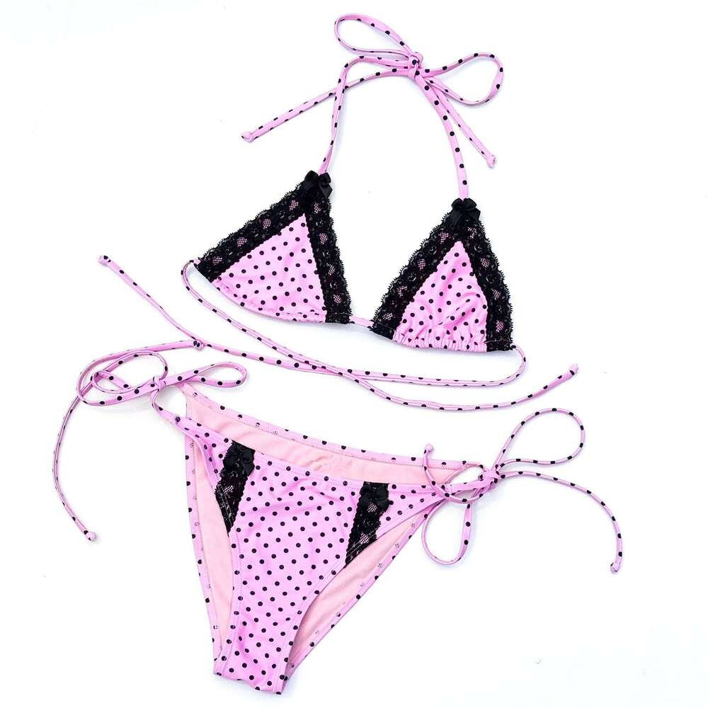 Girl style spicy girl cute lace patchwork polka dot neckband low waist two-piece bikini set Z260206