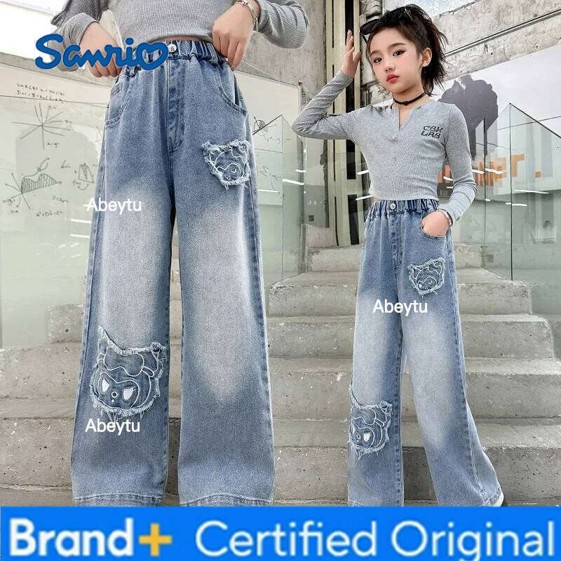 Sanrio New Autumn Korean Children With Cartoon Cat For Girl Elegant Straight Fit Denim Pants Kids Fashion Street Jeans Trousers H260206