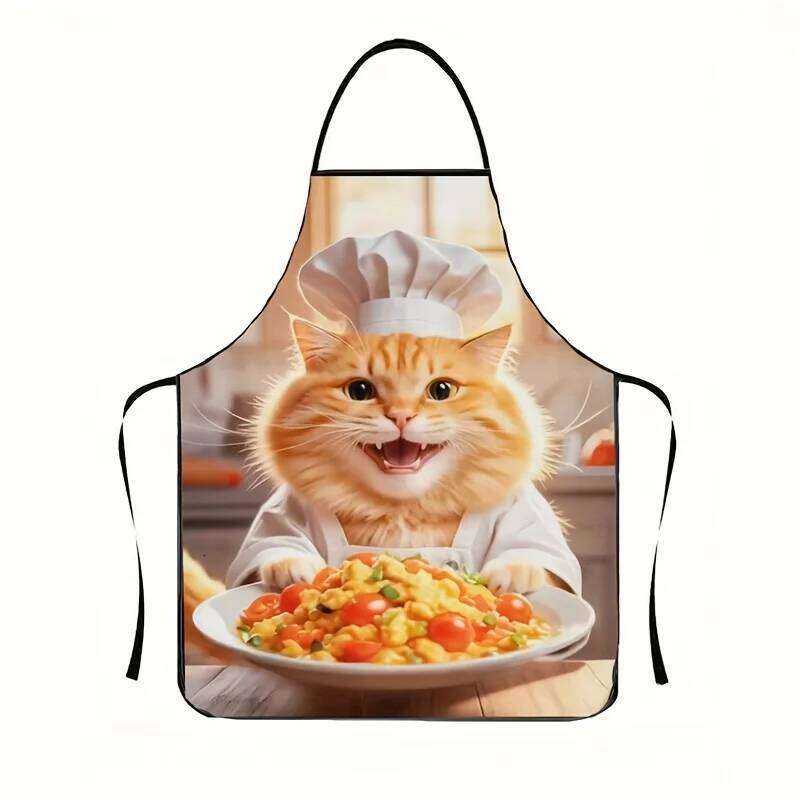 1pc Funny Cooking Chef for Men & Women - Polyester Kitchen with Cute Ginger Design, Cat Apron S260205 80d