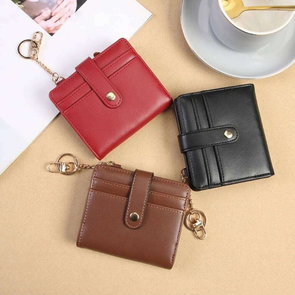 Simple Holder Short Trifold Wallet Multifunction Portable Hangging Card Bag PU Leather with Keychain Pocket Purse Unisex Y260206