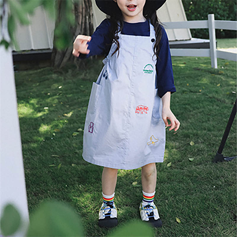 Skirts Kids Kids Mountain Style Cartoon Embroidered Overall Dress Adjustable Strap Outdoor Casual Dress for Girls 26AG3181