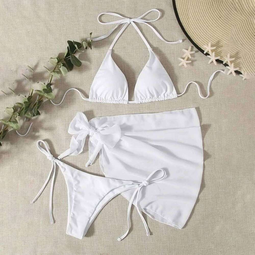 Women'S Solid Halter Backless Bikinis Set Sexy Triangle Cup Lace Bikini Top With Bottoms Cover Up 3 Piece Swimsuit Z260206