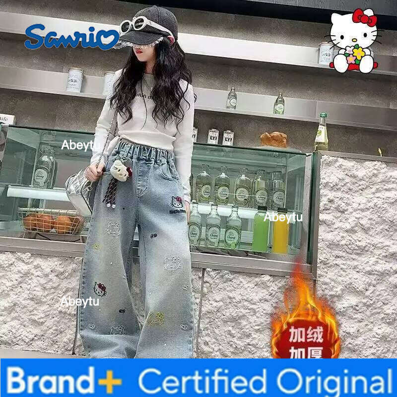 Sanrio Hello Kitty Jeans Girl Boy Kids Kawaii Casual Fashion Warm Autumn Winter Embroidery Wide Mouth Pants Children's Clothing H260206