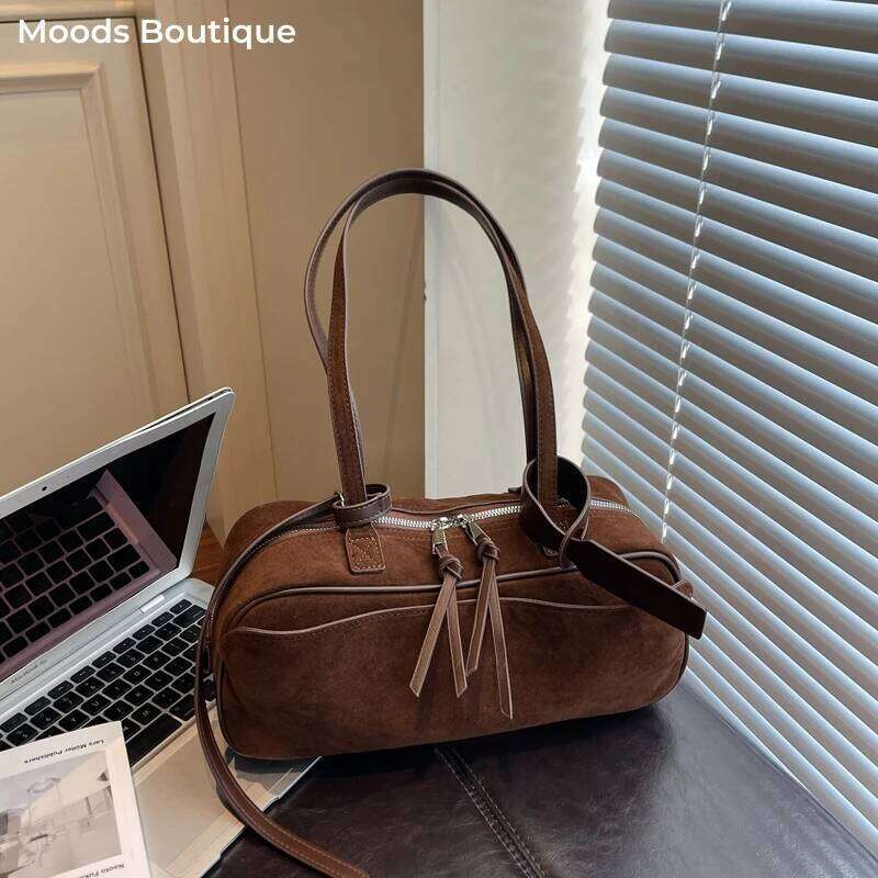 MOODS 2025 Autumn Latest Commute Shoulder Bags For Women PU Suede Pure Color Large Capacity Boston Bag Luxury Designer Handbags Y260205