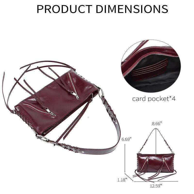 Designer Tassel Rope Strap Metal Studded Shoulder Bag,Vintage Burgundy Women Handbag,Elegant Rivet Commuter Everyday Chic Purse Y260205