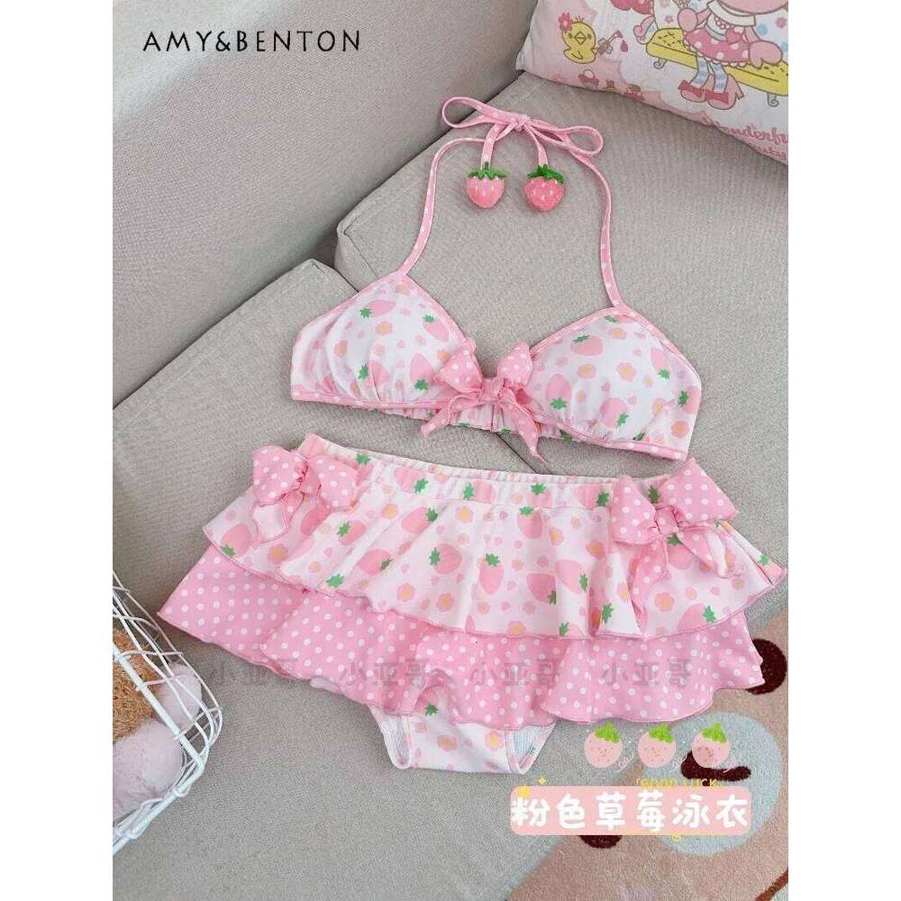 Kawaii Cartoon Strawberry Print Two-Piece Skirt Swimsuit Cute Princess Style Beach Swimwear Sweet Girl Sexy Bikini Set XJ260206