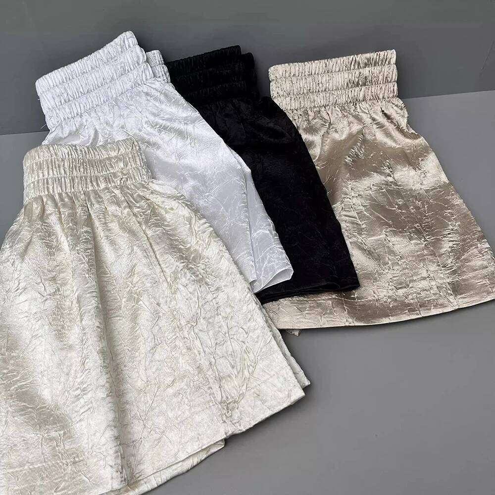 Women's Solid Color Satin Ice Silk Texture Shorts Summer Versatile Elastic Waist Loose A-Line female casual versatile Hot Pants XJ260206