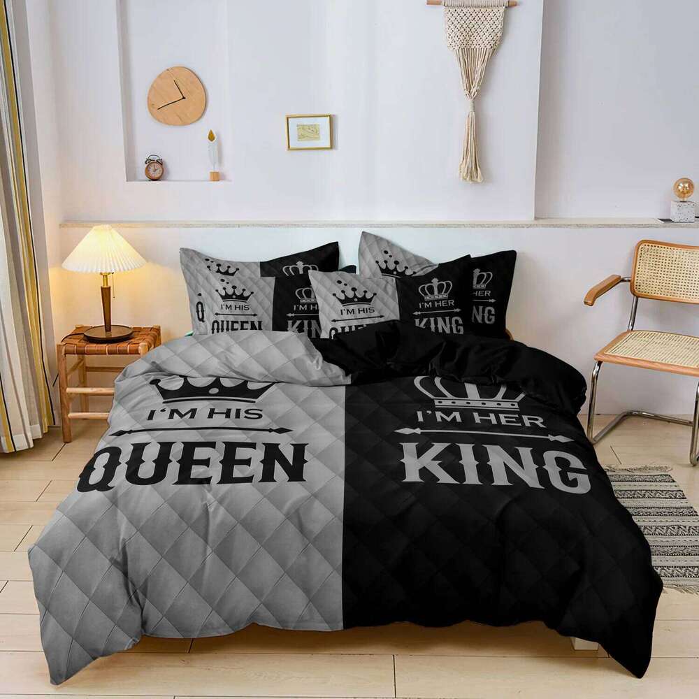 3pcs Couple's King & Queen Printed Duvet Cover Set,Romantic Heart Crown Design, Pink Black Contrast for Sweetness with Elegance XJ260206