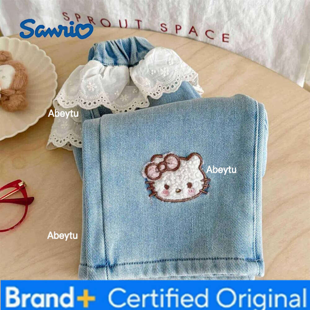 Sanrio Children's Clothing Hot Hello Kitty Girls' Winter Lace Patchwork Jeans with Thick Fleece Wide Leg Pants Trendy Cute Embroidery H26020