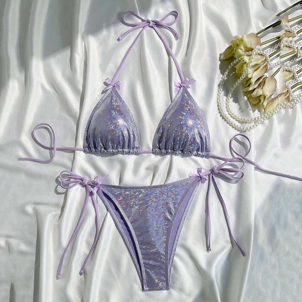 Purple Shiny Bow Swimwear Sexy String Halter Micro Bikini Thong Swimsuit Woman 2026 Bathing Suit Triangle Bikinis Sets De Mujer Z260206