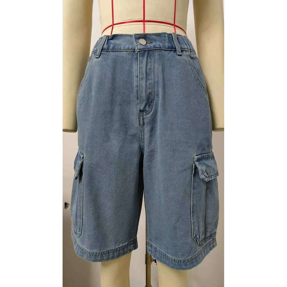 Jeans Women Cargo Pants Elastic Waist Washed Distressed Multiple Pockets Knee Length Shorts Streetwear Straight Denims C260206
