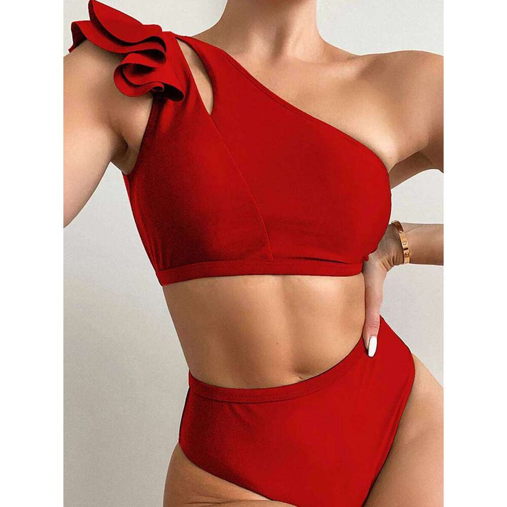 One Shoulder Bikinis 2025 Women Ruffle Swimsuit Solid High Waist Swimwear Female Padded Bathers Bathing Swimming Suit Beachwear XJ260206