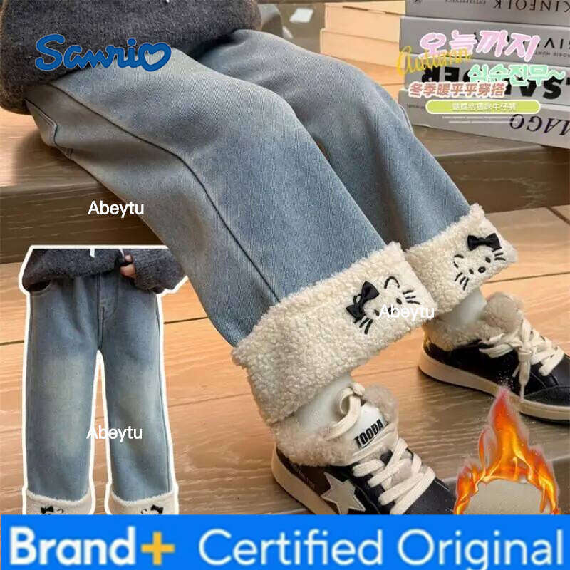Sanrio Hot Y2K Girl Jeans Hello Kitty Kawaii Anime Autumn and Winter Student Keep Warm Long Pants Children's Clothing New Style H260206