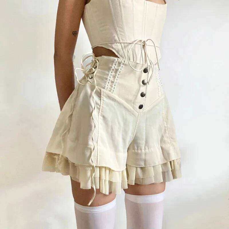 Girls Y2K Lolita Style Cute Sweet Soft Mesh Tiered Ruffle Wide Side Bandage Khaki Shorts Skirt Hot Pants XJ260206