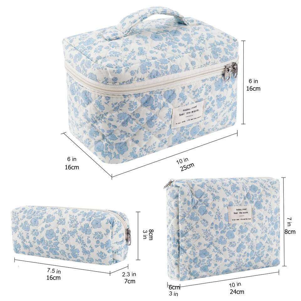 3Pcs Cotton Quilted Makeup Bag Set Women Zipper Cosmetic Organizer Female Cloth Handbag Portable Toiletry Case for Girls Y260206
