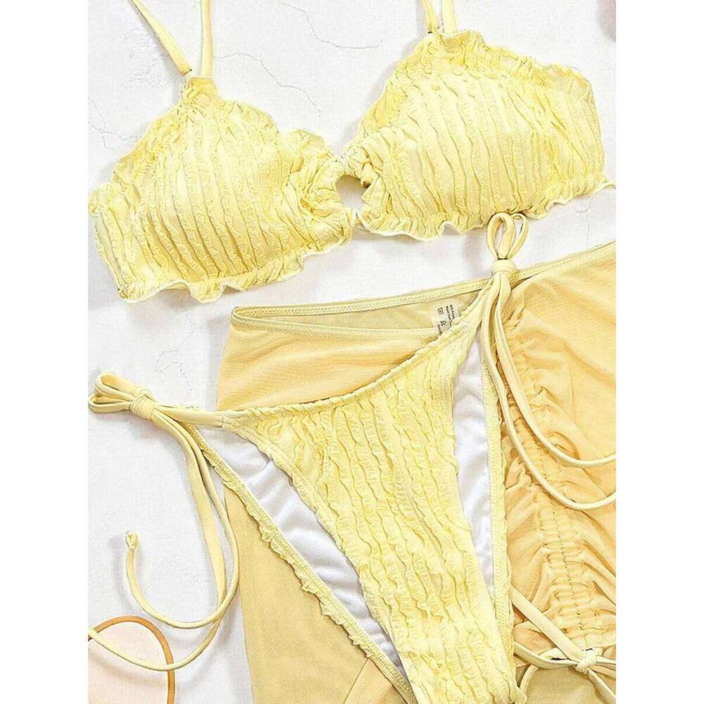 With Mesh Skirt Wrinkled Halter Ruffled Women Swimwear Female Swimsuit Three-piece Bikini Set Bathing Suit Swim Beachwear XJ260206