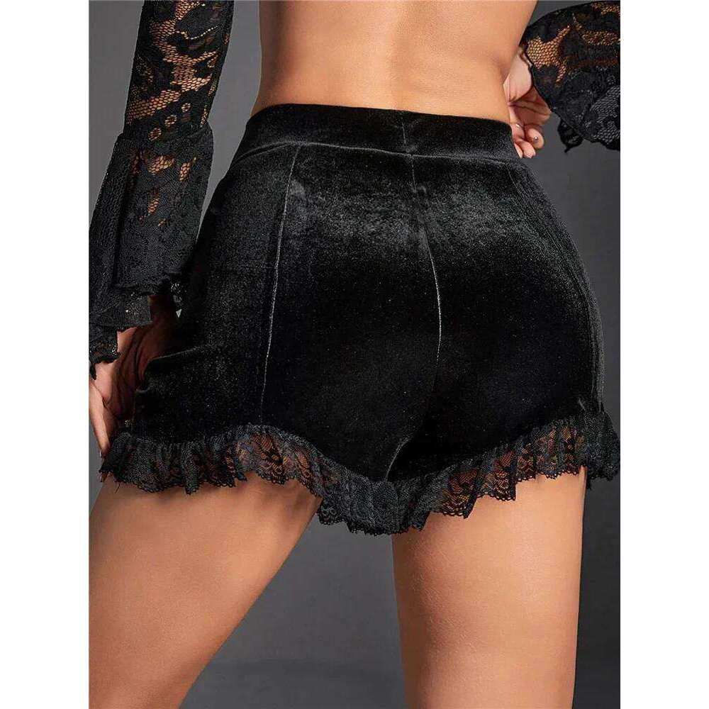 Goth Velvet Ruched Black Shorts Pants Gothic Mall Women High Waist Sexy Girl Grunge Skinny Bottoms Lace Hem Alt Clothes Short H260206