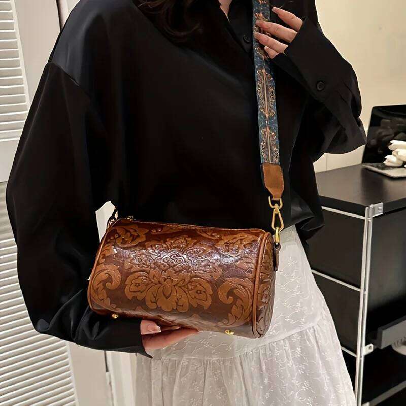 Chic Floral Embossed Crossbody Bag: Urban Elegance with Secure Zip, Durable Design & Wide Strap for Everyday Style XJ260129