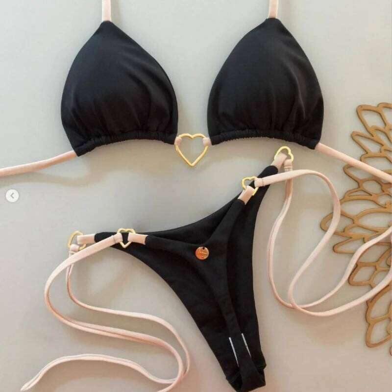 Sexy Halter Solid Color Bikini Set Women Lace-up Swimsuit Two-piece Triangle Thong Swimwear Bathing Suit Brazilian Biquinis Z260206