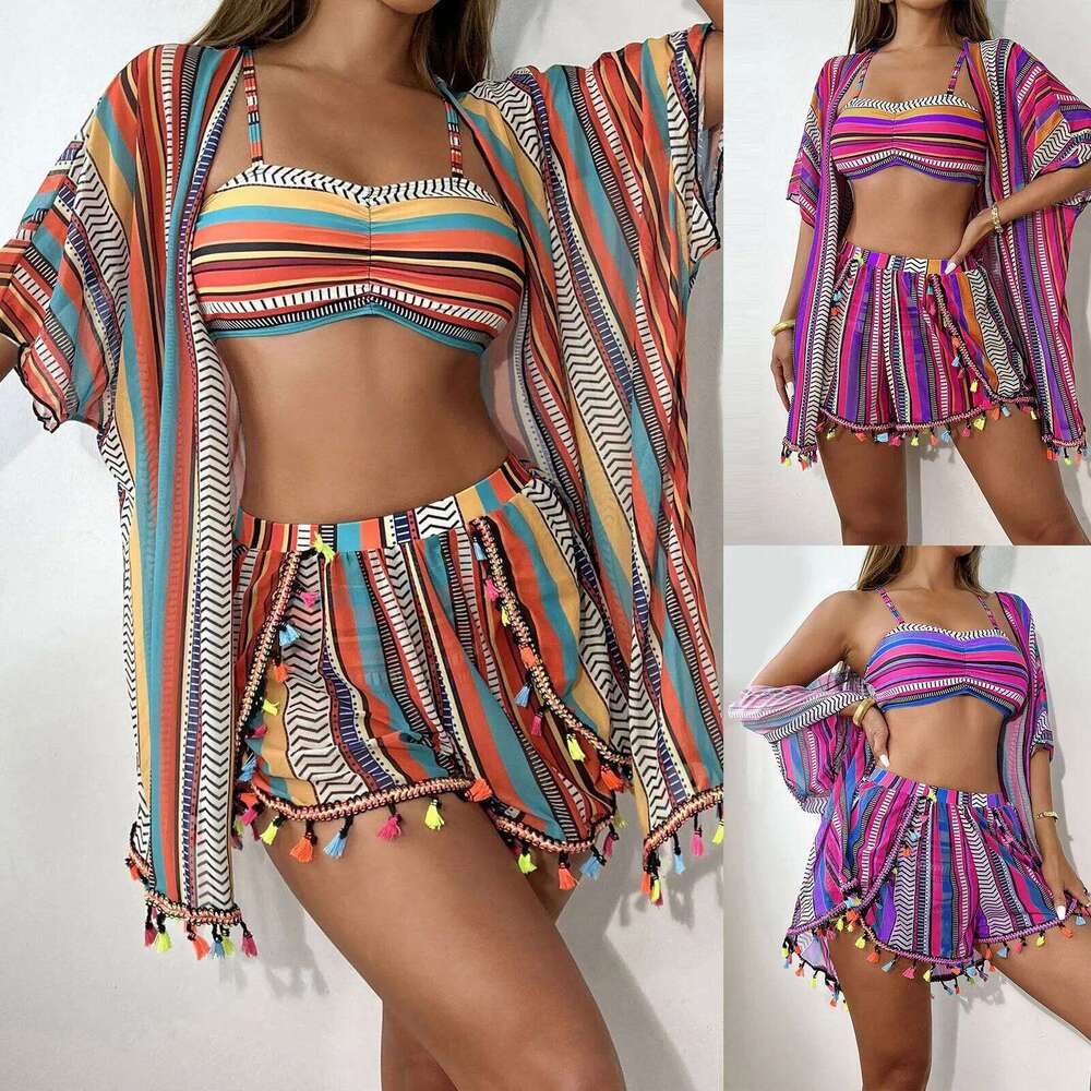 4 Pieces High Waisted Bikini Shorts 2025 Women With Kimono Beach Wear Striped Print Swimsuit Sexy Swimwear Female Bathing Suits XJ260206