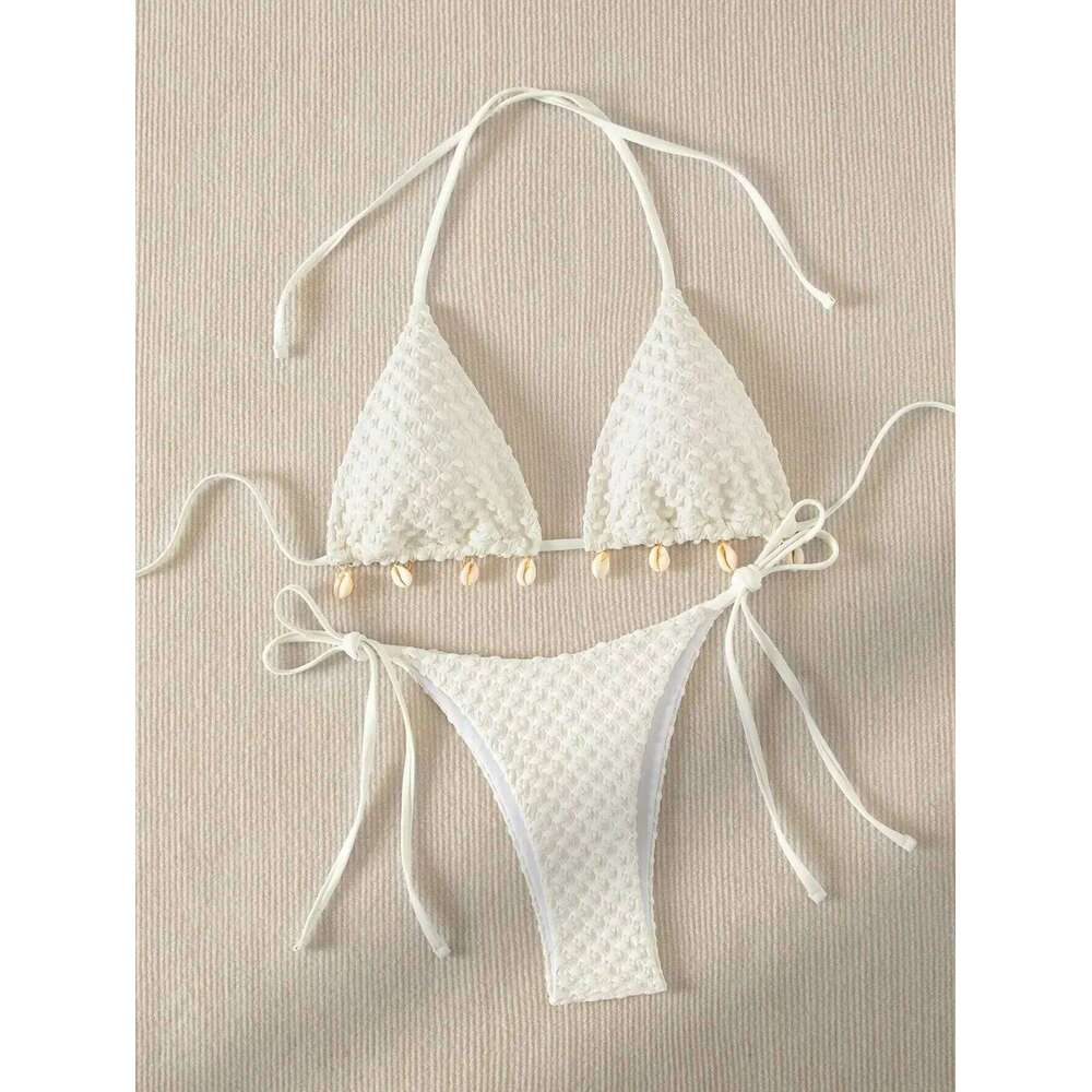 Sexy Bikini Set White Shell Swimsuit 2025 New Halter Push Up Micro Bikinis Summer Bathing Suit Tie Side Thong Swimwear Z260206