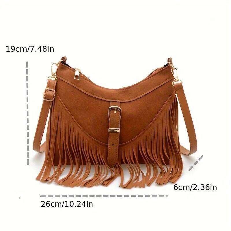 Womens Vintage Tassel Faux Suede Crossbody Adjustable Zipper Closure Detachable Strap Synthetic Shoulder Messenger Bag XJ260129