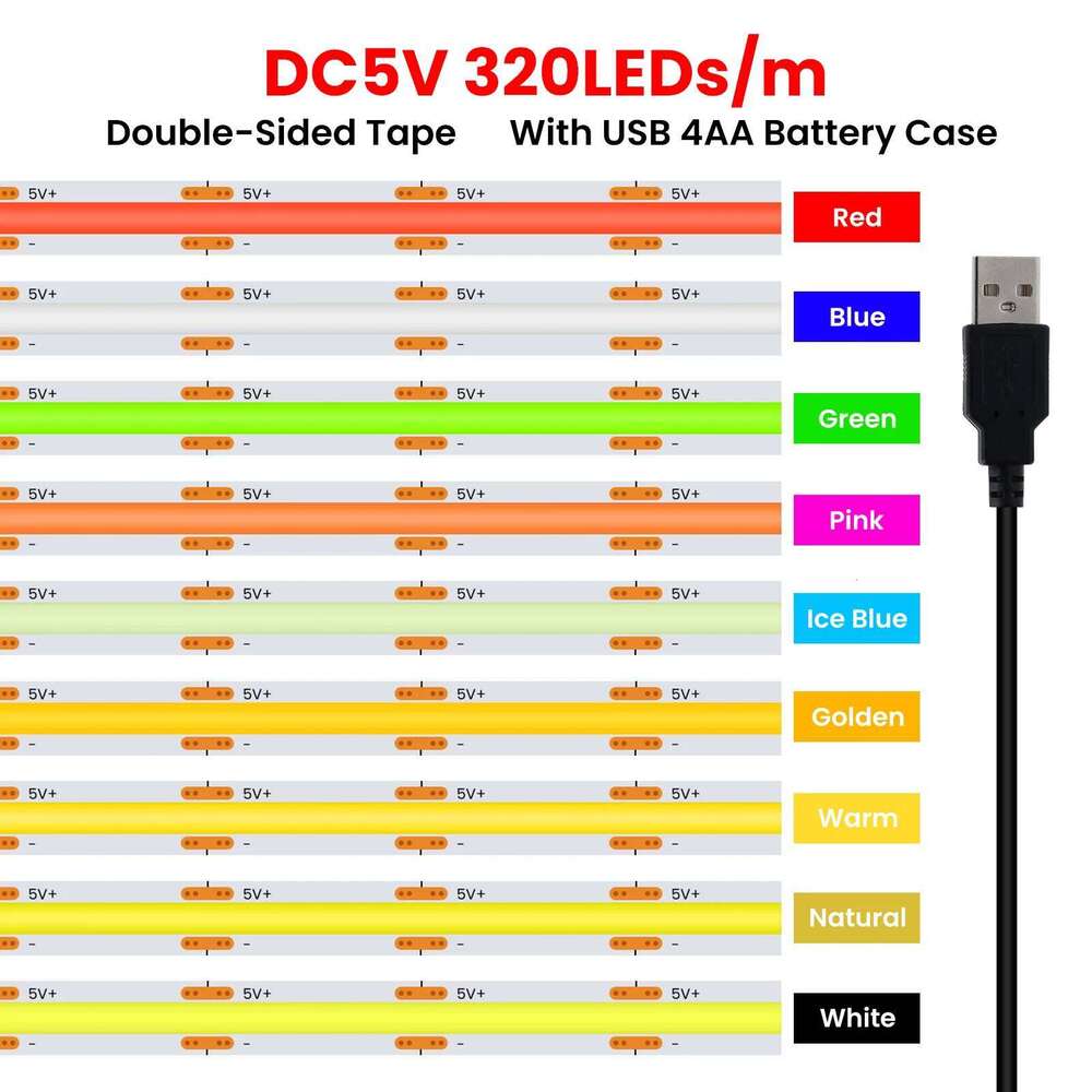 DC 5V USB COB Strip With 4AA Battery Box White/Red/Ice Blue/Pink/Yellow 320Leds/M 0.5M-5M TV Backlight Ribbon Rope LED Light Z260206