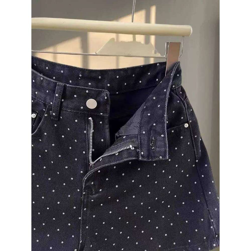 Black Polka Dot Denim Shorts Female Girl with High Waist Slimming Wide Legs A-line Hip Hot Pants XJ260206