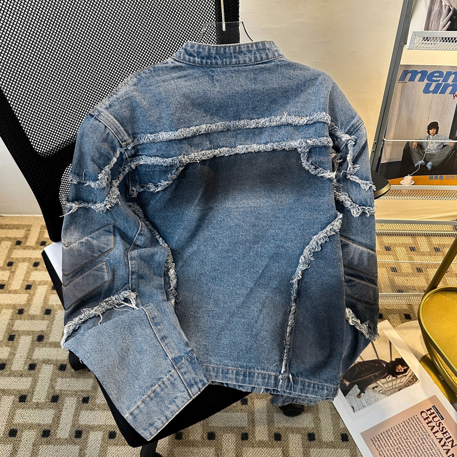 Embossed Frayed Shoulder Pads Denim Jacket Men Spring Autumn American Style Cool Stand Collar Trendy Brand Motorcycle Jacket 250625